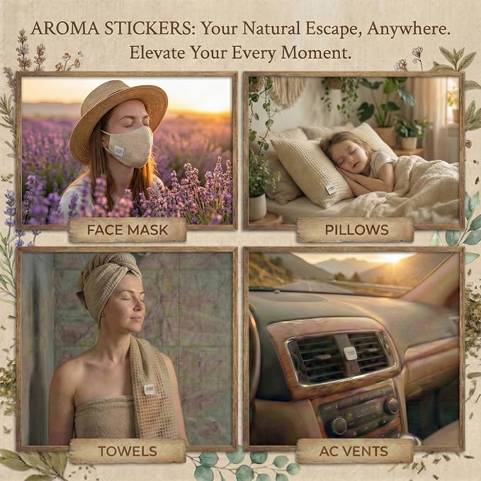 AROMA STICKERS® Original Blend Romance - 100% Natural Essential Oil Scented - Aromatherapy Sticker Diffuser for Perosonal Space - Towels & Pillows/Relaxing & Sleeping (Pack of 1, 12 Stickers)
