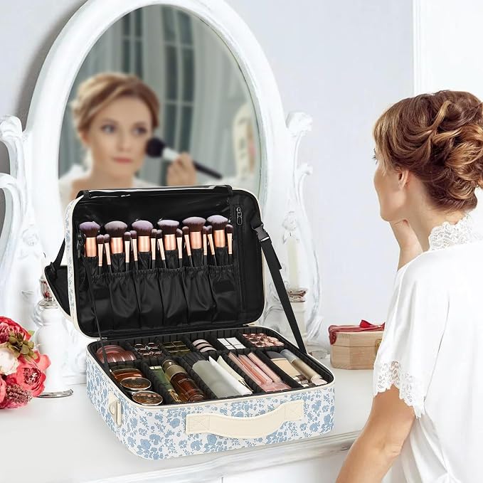Relavel Large Makeup Bag, Floral Cosmetic Bag for Women, Professional Travel Train Case Portable Makeup Artist Bag Make Up Storage Organizer Box with Adjustable Dividers and Makeup Brush Compartment
