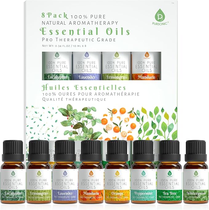 Pursonic Essential Oils Set - 8 Aromatherapy Oils Blends Gift Set - 10ml Pure Essential Oils for Diffusers, Home, Massage & Bath(Eucalyptus,Lavender,Lemongrass,Orange,Peppermint,Tea Tree,Wintergreen)
