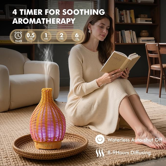 Essential Oil Diffuser Diffuser -Aromatherapy Diffuser for Essential Oils with Timer and 7 Colors LED Light Ultrasonic Diffuser with Auto Shut-Off, Home Office Decor&Gift（Handwoven）