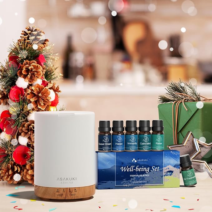 ASAKUKI Essential Oil Diffuser for Home, 300 ml Aromatherapy Diffuser with 6 Essential Oil Sets, Automatic Shut-Off, 7 LED Lights for Living Room, Kitchen, Bedroom, Hotel - Brown with Oils
