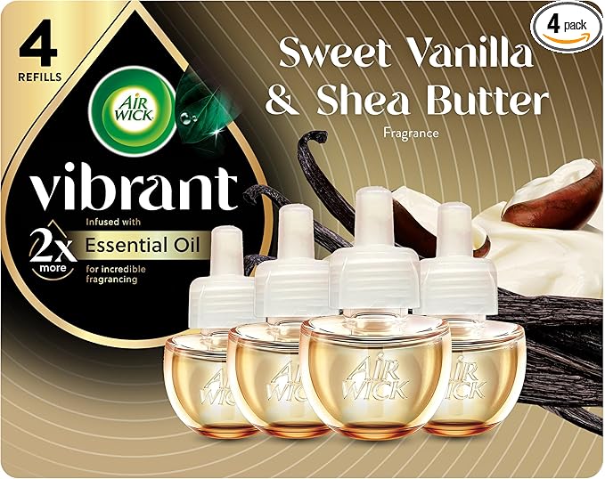 Air Wick Vibrant Plug-In Scented Oil Refills, 4 Count, Sweet Vanilla & Shea Butter, Air Freshener, Essential Oils