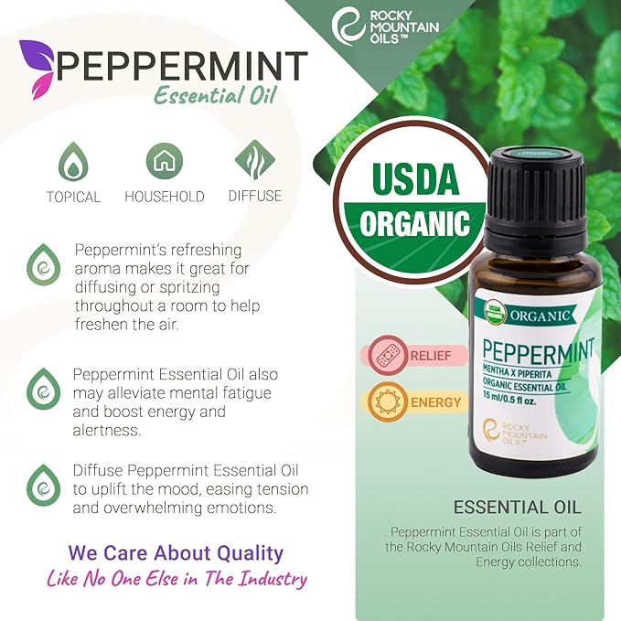 Rocky Mountain Oils Organic Peppermint Essential Oil 15ml – 100% Pure, USDA Organic, for Aromatherapy & Topical Use