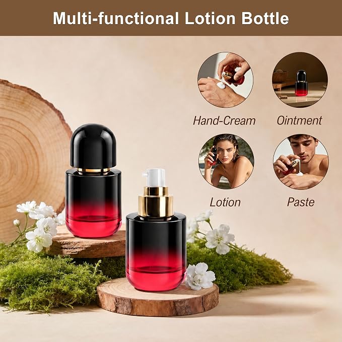 1oz Travel Pump Bottle, 30ml Gradient Glass Liquid Dispensing Bottle with 3 Transfer Tools, Leak-Proof Small Refillable Makeup Containers for Toiletries, Lotion, Essential Oils (Black-Red Gradient)