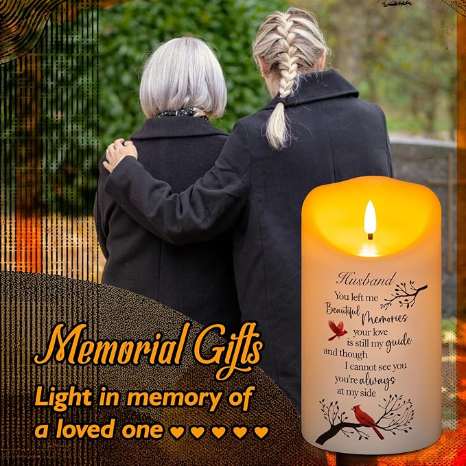 Flameless Memorial Candle for Loss of Husband, Real Wax LED Light with Remote Sympathy Bereavement Gifts for Loss of Loved One Memorial Gifts for Loss of Husband Remembrance Gifts (4" x 7")