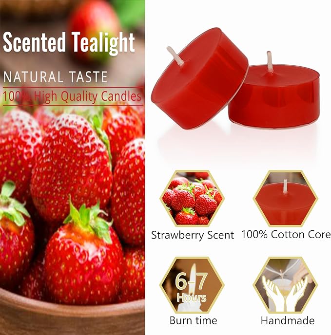 Tea Lights Red Tea Candles Set of 24 – Tealight Candles with Strawberry Scent, Long Burning Handmade Tealights for Wedding Meditation Home Decor Gift