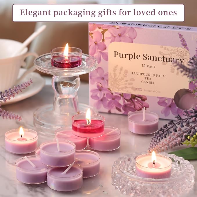DEVI Eucalyptus & Lavender Highly Scented Tea Lights Candles 48 Pack, 5-6 Hours Natural Palm Tea Candles for Home Scented, Small Votives with Essential Oils for Home Aromatherapy,Mother‘s Day Gift