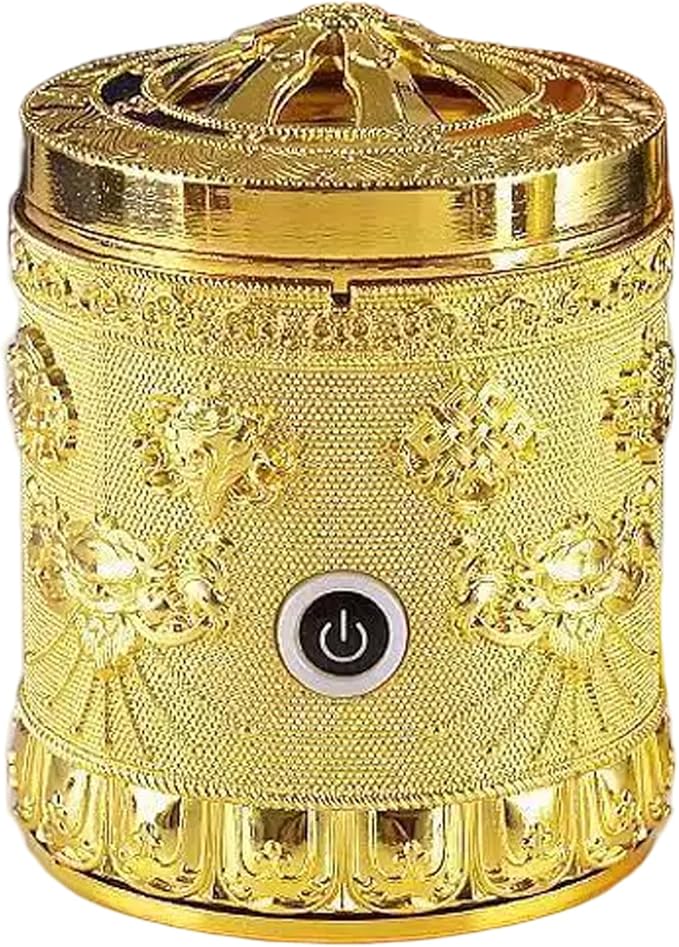 Electric Incense Burner Portable Vintage Electric Bakhoor Burner USB Rechargeable Golden Aromatherapy Diffuser for Car Home Office Yoga Tabletop 3x3.9 inch