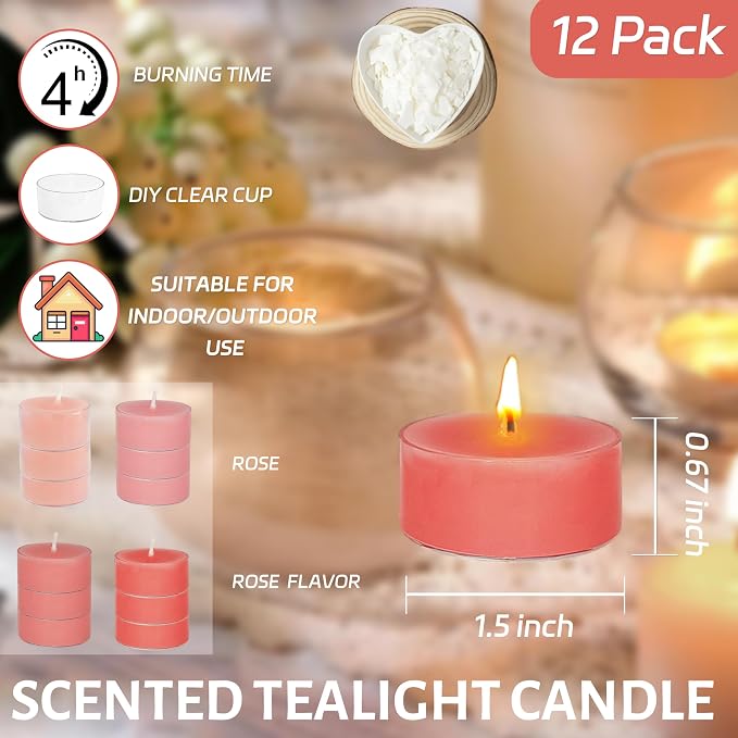Rose Scented Tea Light Candles 12 Pack Gradient Pink Hand Poured Smokeless 4 Hours Clean Burning Small Round Tealight Candles for Mother's Day Meditation Romantic Dinners Wedding Cozy Evenings