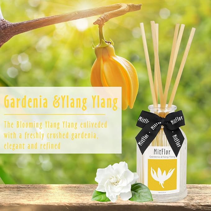 Fragrance Diffuser, MitFlor Gardenia &Ylang Ylang Reed Diffuser Gift Set, Natural Room Freshener with Rattan Sticks, Scent Oil Diffuser for Living Room, Bedroom, Bathroom, and Home Decor, 3.4 fl oz