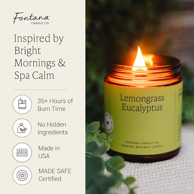 Fontana Candle Co Wood Wick Beeswax Jar Candle, Lemongrass Eucalyptus – Made Safe with Coconut Oil & Pure Essential Oils – 35+ Hrs Clean Burn, Long Lasting and Non-Toxic Candles for Home & Room Decor