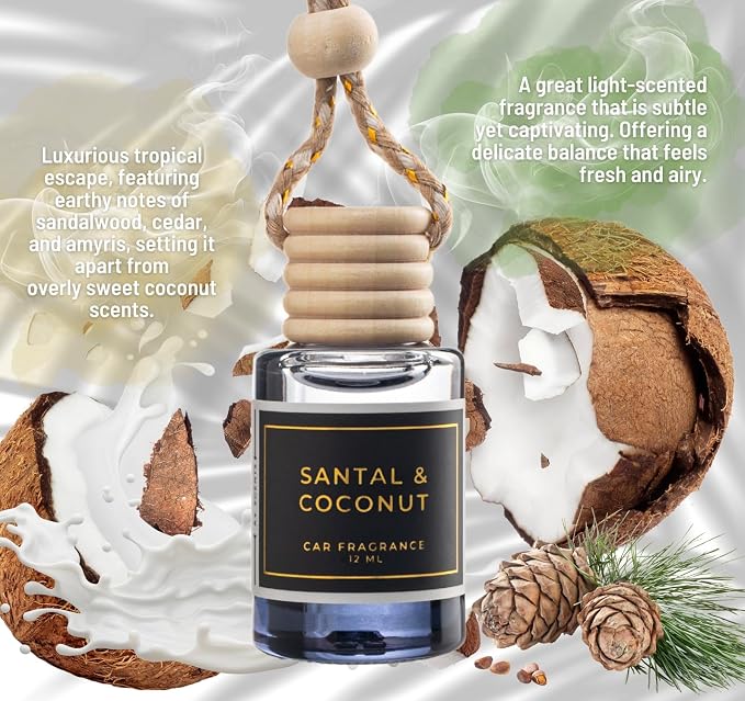 Santal & Coconut - A Fragrant Whisper of Opulent Tropical Serenity! - Luxury Car Hanging Diffuser - Long Lasting Car Freshener - Lasts up to 60 days | A+ Scents