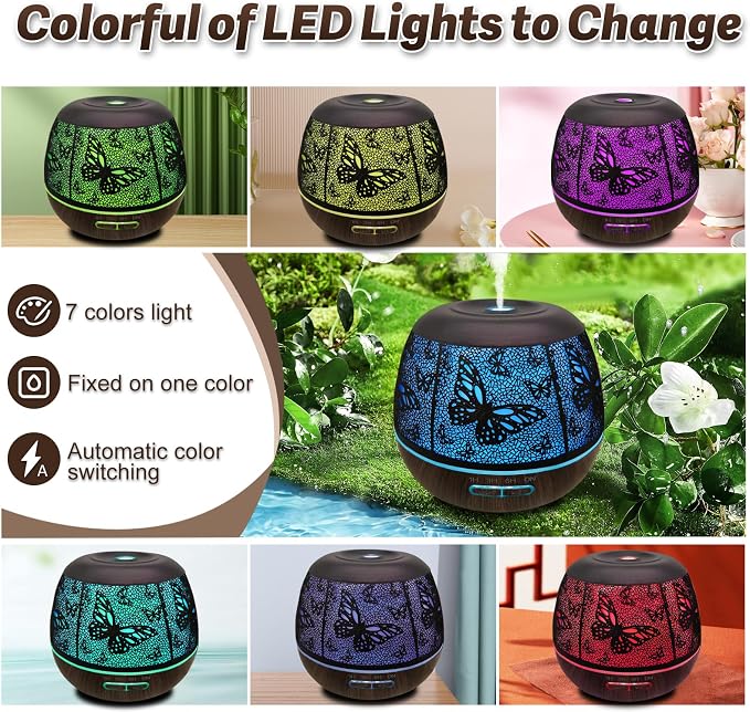 Roonbo Diffusers for Essential Oils Large Room 400ml,Essential Oil Diffuser for Home with R/C,Cool Mist Humidifiers for Bedroom,7 Colors Changed & 3 Mist Mode Waterless Auto Off for Decor Butterfly