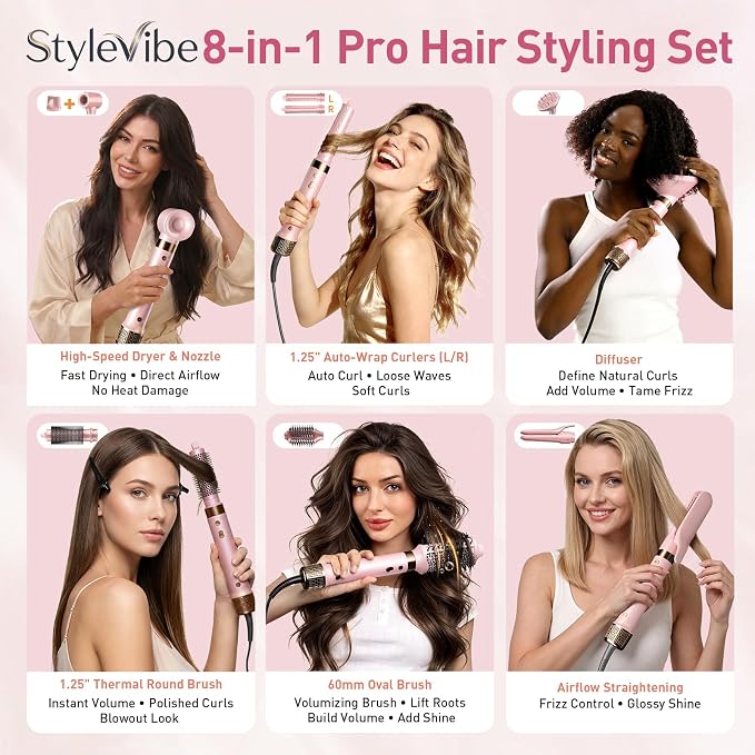 Mythsight StyleVibe Dual Voltage 8-in-1 Air Styler with Diffuser Hair Dryer, Auto Curlers (L/R), Straightener Brush, Travel Adapter & Case for Fast Drying, Frizz-Free Volume & Smooth Blowouts Styles