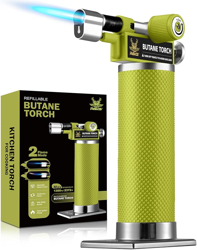 RAVS DUAL Flame Mode Butane Torch Lighter, Refillable Kitchen Torch, Metal Body Creme Brulee Torch for Baking, Cooking, Resin Art with Adjustable Flame, Green Soldering Torch, Butane Gas Not Included