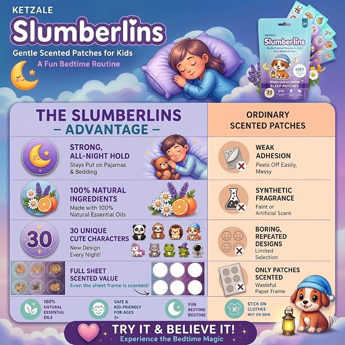 Slumberlins Calming Sleep Patches for Kids & Toddlers - Natural Bedtime Support Stickers with Lavender & Chamomile Essential Oils. Melatonin Free Aromatherapy Sleep Aid, Stick on Clothes, Age 3+, 30Ct