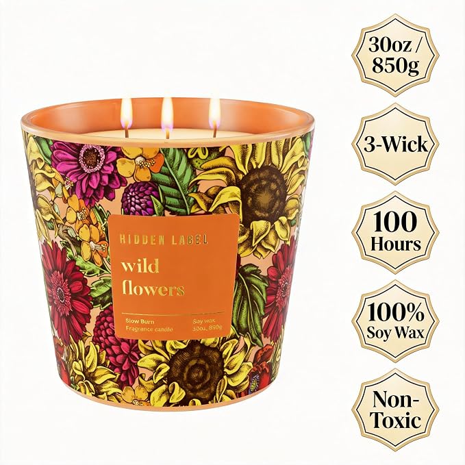 Hidden Label Wild Flowers Soy Candle, 30oz 3-Wick, 100H Botanical Floral | Non-Toxic Vegan Phthalate-Free | Peony Jasmine Fresh Greens Scent | Even Melt No Tunneling | Statement Decor Gift for Women