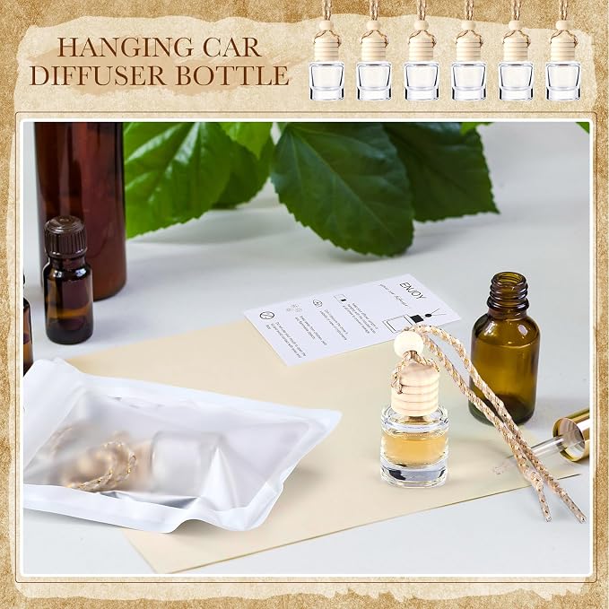 Boao 400 Sets Hanging Car Air Freshener Diffuser Bottles with Instruction Card and 4 x 6'' Resealable Holographic Bag for Empty Car Essential Oil Perfume Bottles Packaging (Cylinder)