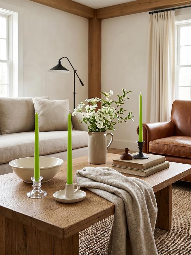 10" Classic Taper Candles, Apple Green, 4-Pack, 7-8 Hours Long Burning, Unscented Tall Candlesticks