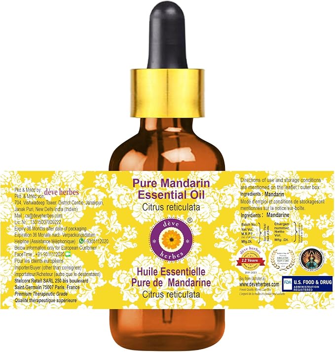 Deve Herbes Pure Mandarin Essential Oil (Citrus reticulata) with Glass Dropper Steam Distilled (Pack of Two) 100ml X 2 (6.76 oz)