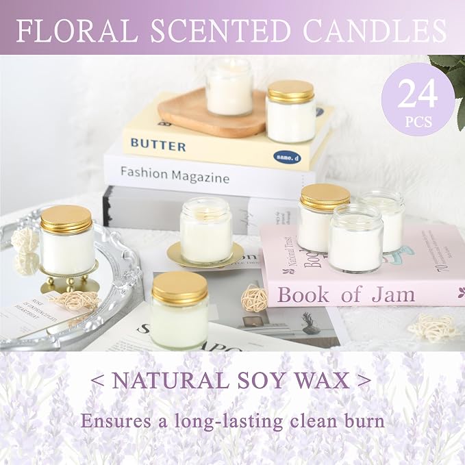 24 Pcs 4 Oz Mason Jar Candles, Lavender Scented Soy Candles Bulk Set for Stress Relief and Relaxation, Great Favors for Wedding, Christmas, Housewarming Gifts (Gold, Lavender, 24)