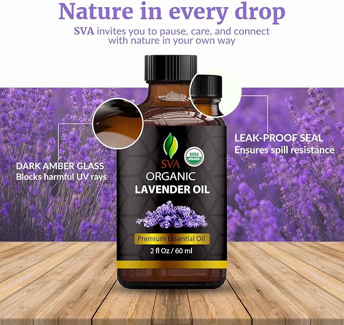 SVA Lavender Essential Oil Organic – 2 Fl Oz – 100% Natural Organic Lavender Oil - for Diffuser, Hair, Face, Skin Care, Aromatherapy, Scalp and Body Massage, Soap and Candle Making - with Dropper