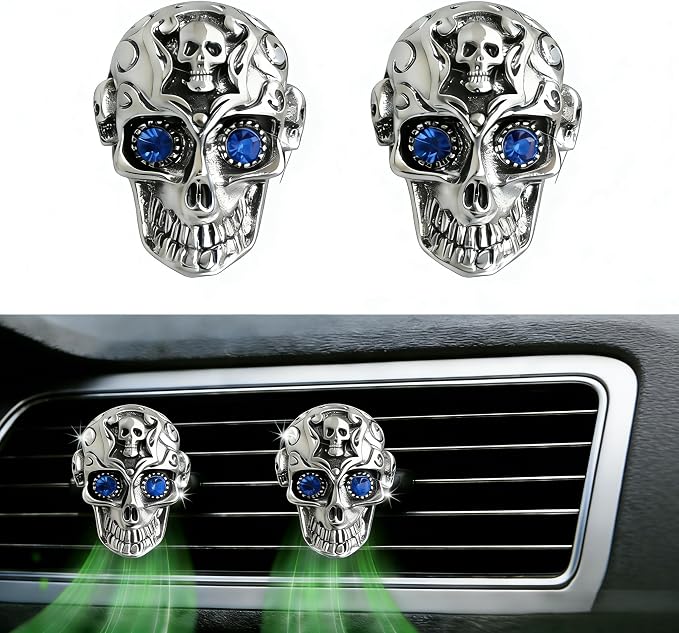 Gothic Skull Car Air Freshener Vent Clips with 2 Pads, Halloween Scented Car Accessories for Men Women, Automotive Interior Decor and Cool Car Fresheners for Men， Spooky Gift Idea-A5