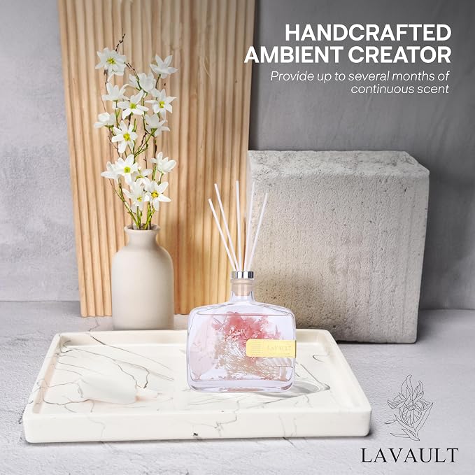 Lavault Reed Diffusers for Home - Greenwhite Ornaments - 100% Natural Materials - Long-Lasting Fragrance - Relaxing Atmosphere, Easy-to-Use & Eco-Friendly, Reusable Glass Bottle Empty Spirit Aroma