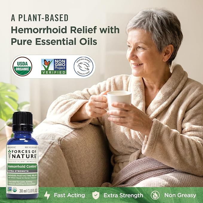 Forces of Nature Hemorrhoid Control Extra Strength, Organic Homeopathic Medicine with Witch Hazel, Horse Chestnut, and Soothing Essential Oils for Itching, Swelling & Discomfort, 1.0 FL OZ