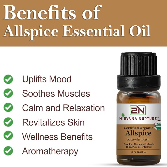 Allspice Essential Oil, USDA Certified Organic, 100% Pure Undiluted, Aromatherapy Oil for Diffuser, Hair & Skin Care