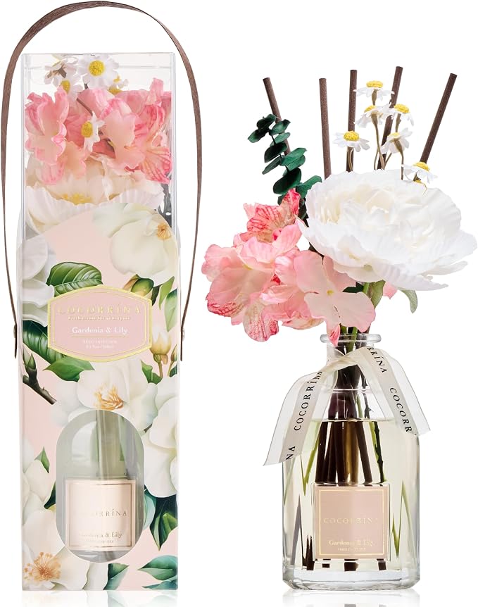 COCORRÍNA Reed Diffuser - Gardenia & Lily 8.5 Fl.oz Flower Reed Diffuser with Sticks, Bedroom Bathroom Shelf Decor (Floral Basket Collection)