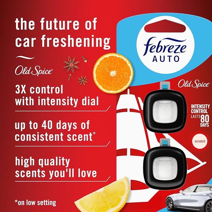 Febreze Odour-Fighting Auto Air Freshener, Car Vent Clip, Old Spice, 4ct