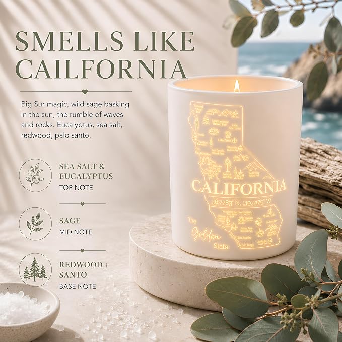 California Gifts - Glow-Through Engraved Candle -w/Sea Salt, Eucalyptus & Sage I California Decor for Home I California Souvenirs I California State Gifts I 9oz Jar, 50Hr Burn, USA Made