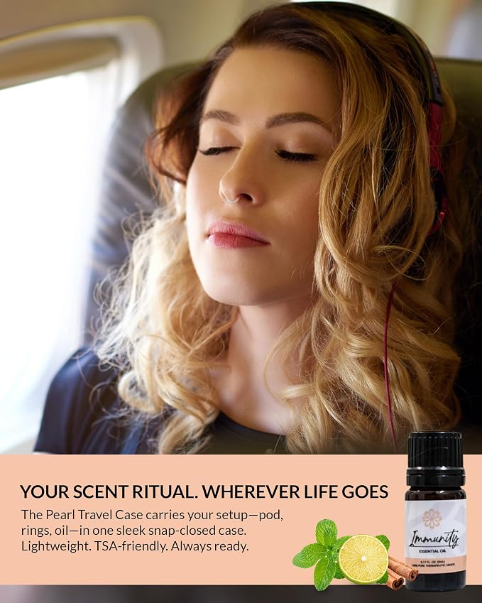 Essence Pearl Travel Case | Immunity Essential Oil | Aromatherapy Nasal Diffuser & Essential Oil Carrying Case | Eucalyptus, Lemon & Cinnamon Blend | Travel-Friendly Kit | Black Pod