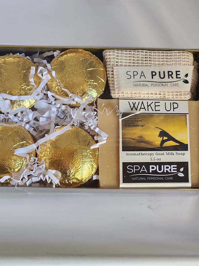 Spa Pure Aromatherapy Gift Set: Wake Up Large Artisan soap, 4 Shower Steamers, made with plant based ingredients, includes Cotton Steamer Bag & Soap Bag