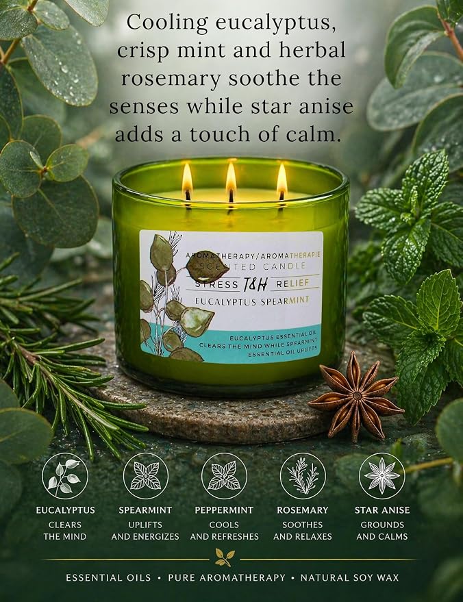 Eucalyptus Spearmint Scented Candle | 15.8 oz Large 3 Wick Soy Candle | Soothing Aromatherapy Candle for Home | Fresh Mint Spa Scent | Long Lasting Clean Burn | Relaxation & Yoga Gift for Women & Men