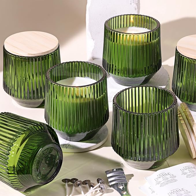simeitol 13 OZ Candle Jar for Making Candles - 6 Pack Green Candle Jars, Ribbed Glass Candle Jars Bulk, with Bamboo Lids and Candle Wick Kit, Candle Making Kit for Making Candle Containers