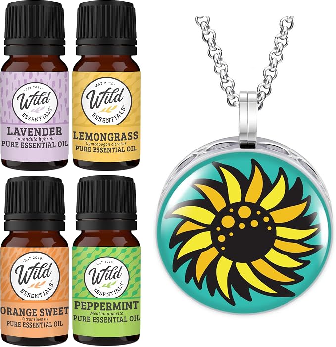 Wild Essentials Sunflower Necklace Essential Oil Diffuser Kit with Lavender, Lemongrass, Peppermint, Orange Oils, 8 Refill Pads, Calming Aromatherapy Gift Set, Customizable, Perfume
