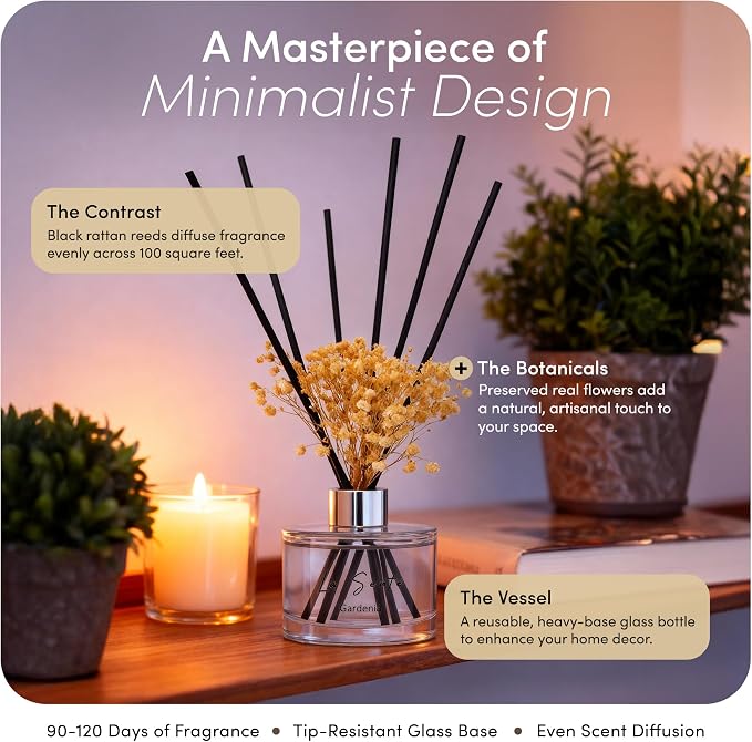 Reed Diffuser Set 6.7 fl oz (200ml) – Natural Gardenia Essential Oil Fragrance with Black Rattan Sticks & Preserved Flowers – Long Lasting Home & Office Decor Scent, Pet Safe