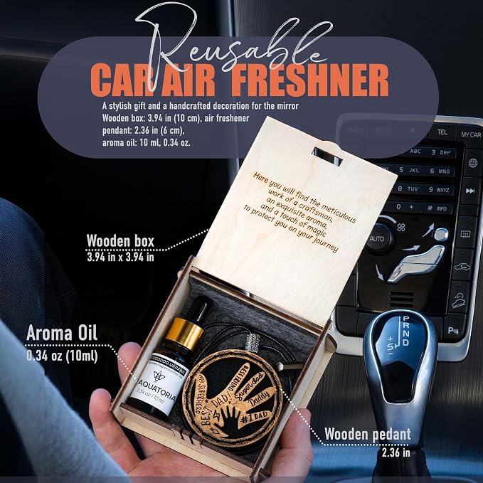 Handmade Wood Car Air Freshener — Father’s Hands Designed Refillable Essential Oil Diffuser — Long Lasting diAquatoria Fragrance Oil 10 ml — Car Accessories Gift Box