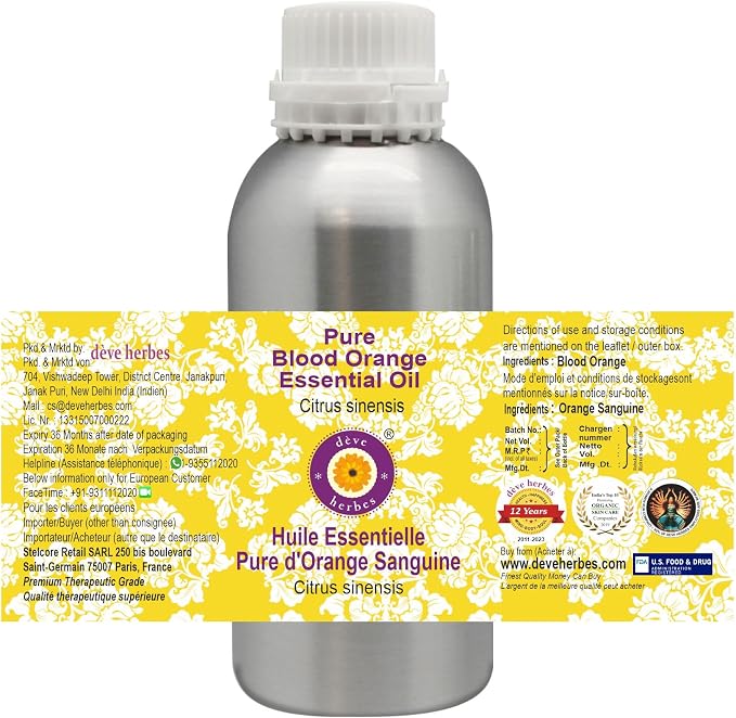 Deve Herbes Pure Blood Orange Essential Oil (Citrus sinensis) Steam Distilled 300ml (10 oz)