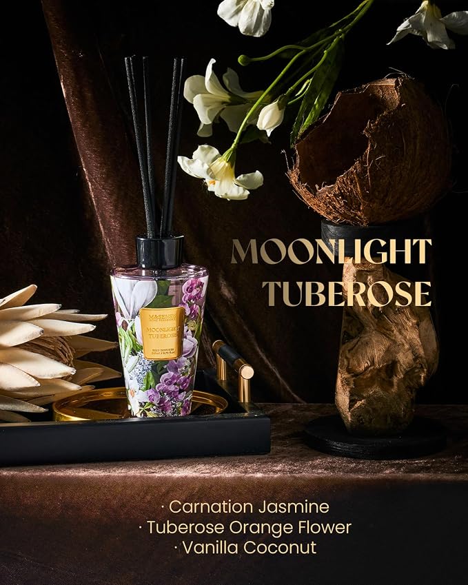 M&SENSE Moonlight Tuberose Reed Diffuser Set - 8.79fl oz Home Fragrance Non-Toxic Essential Oil Diffuser with Sticks, Air Freshner Gifts for Her or Him