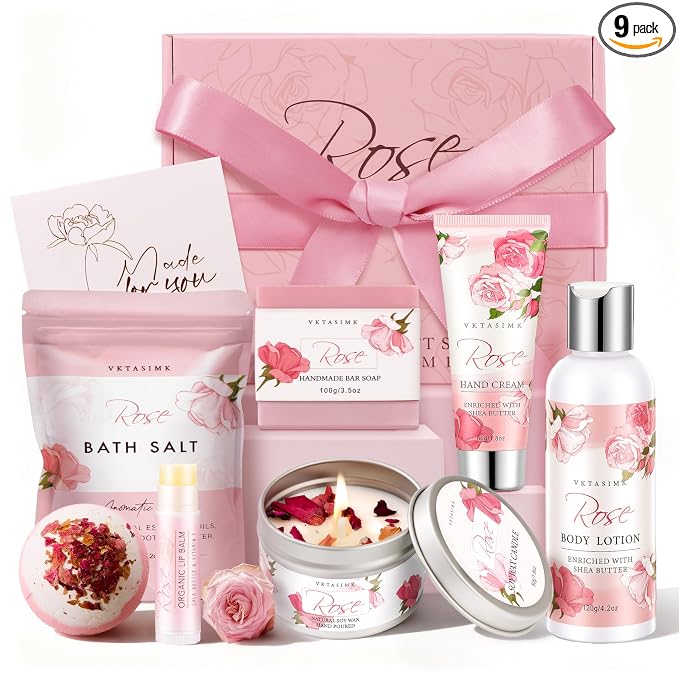 Gifts for Women Birthday, Bath and Body Gift Basket Mothers Day Gifts, Rose Home Spa Set Self Care Gift, Thank You for Mom Sister Her Teacher Friends Friendship