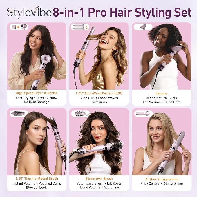 Mythsight StyleVibe Dual Voltage 8-in-1 Air Styler with Diffuser Hair Dryer, Auto Curlers (L/R), Straightener Brush, Travel Adapter & Case for Fast Drying, Frizz-Free Volume & Smooth Blowouts Styles