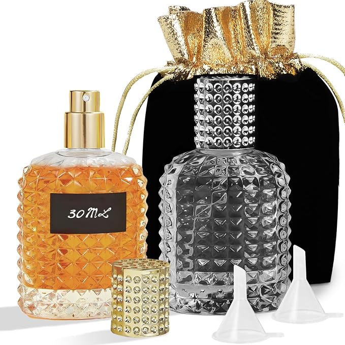 Perfume Bottle Atomizer 30ML Refillable Fine Mist Spray Bottles, Empty Glass Essential Oil Container for Travel, Handbag or Date, With Storage Bag & Funnels(Retro)