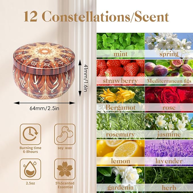 Zodiac Scented Candles Gifts Set, 12 Pack Soy Wax Travel Aromatherapy Candles with Essential Oils, Astrology Constellation Candle Set for Birthday, Mother's Day, Relaxation, Home Decor