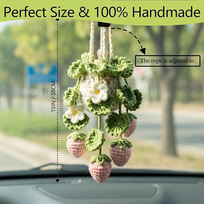 Crochet Car Air Freshener Hanging, Cute Hanging Plant for Cars, Crochet Strawberry Plant with 10ml Empty Refillable Oil Diffuser Bottle, Handmade Boho Car Ornament Charms for Rear View Mirror, Pink