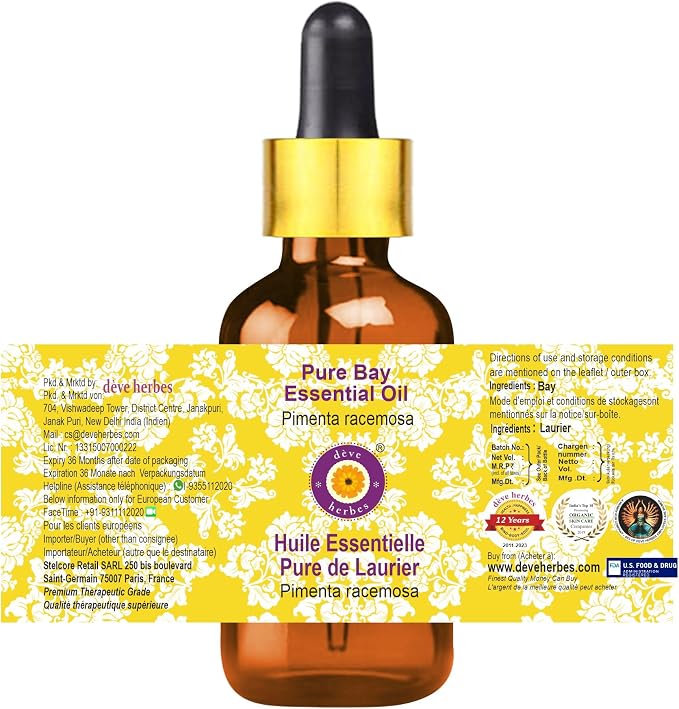 dève herbes Bay Essential Oil (Pimenta racemosa) with Glass Dropper | Pure | Non-Sticky | Non-Greasy | Lightweight | Men & Women | All Skin Types | Steam Distilled 15ml (0.5 oz)