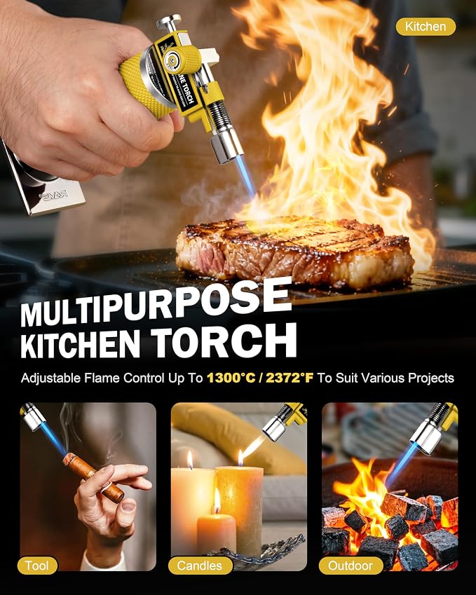 RAVS DUAL Flame Mode Butane Torch Lighter, Refillable Kitchen Torch, Metal Body Blow Torch for Baking with Adjustable Flame & Safety Buckle, Yellow Mini Torch Soldering Torch, Butane Gas Not Included