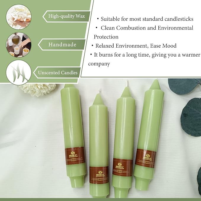 Unscented Taper Candles 7 in Small Candlesticks Light Green Candles 4 Pack for Dinner Household Wedding Party Home Décor